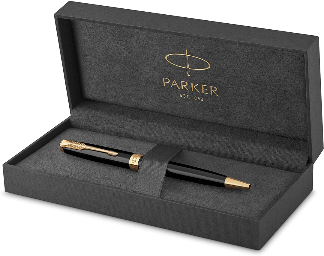 Parker Sonnet Matte Black GT Ballpoint Pen — flat lay