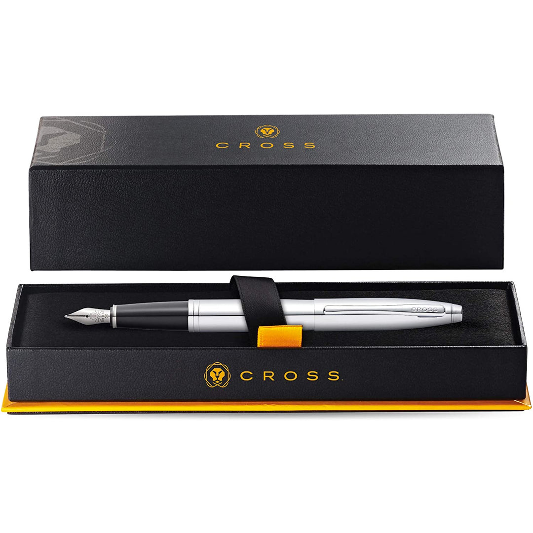 Cross Calias Polished Chrome Fountain Pen Gift Box — writing at an angle