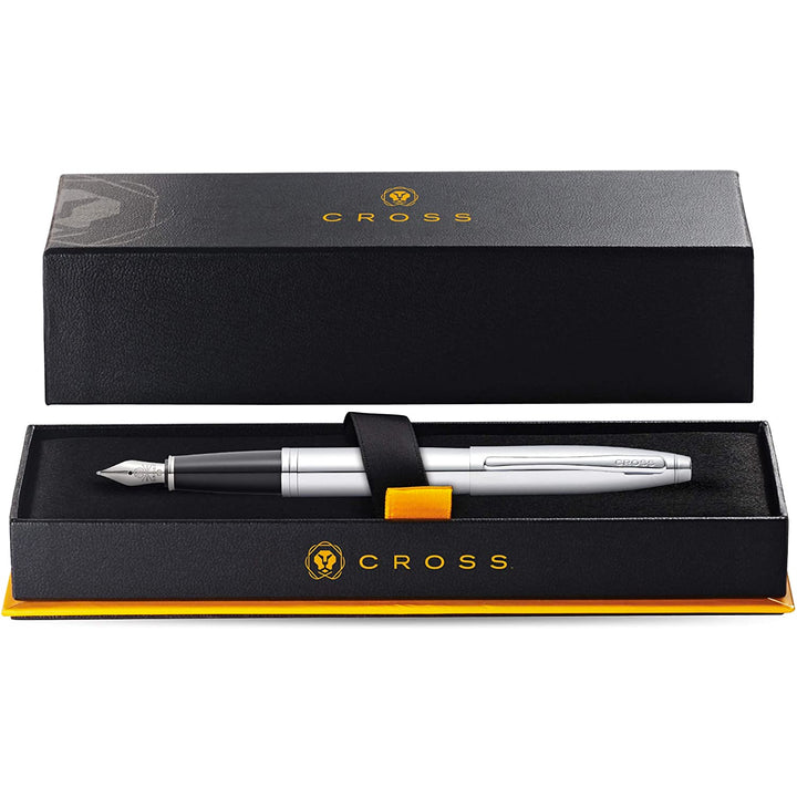 Cross Calias Polished Chrome Fountain Pen Gift Box — writing at an angle