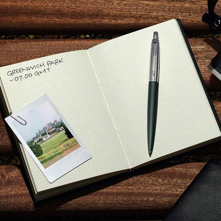 Parker Jotter XL Greenwich Matte Green Ballpoint Pen — flat lay