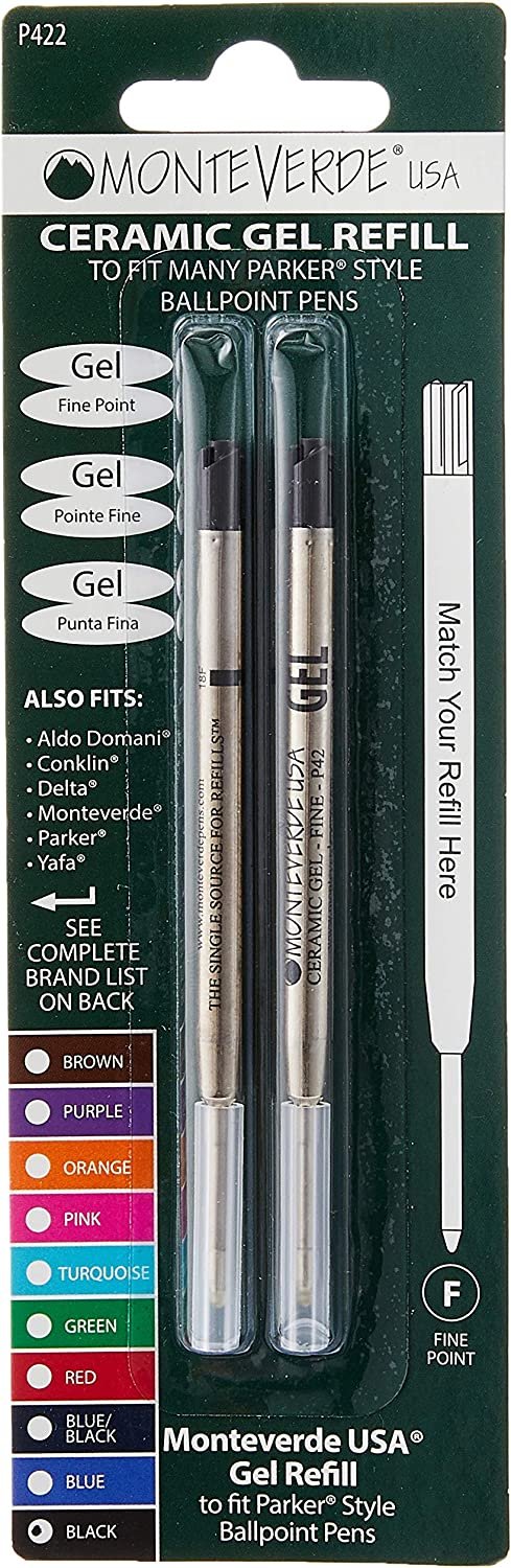 Monteverde Capless Gel Refill To Fit Parker Ballpoint Pen - Black, Fine (Pack of 2) — uncapped with cap posted