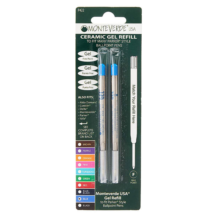 Monteverde Capless Gel Refill To Fit Parker Ballpoint Pen - Blue Fine (Pack of 2) — uncapped with cap posted
