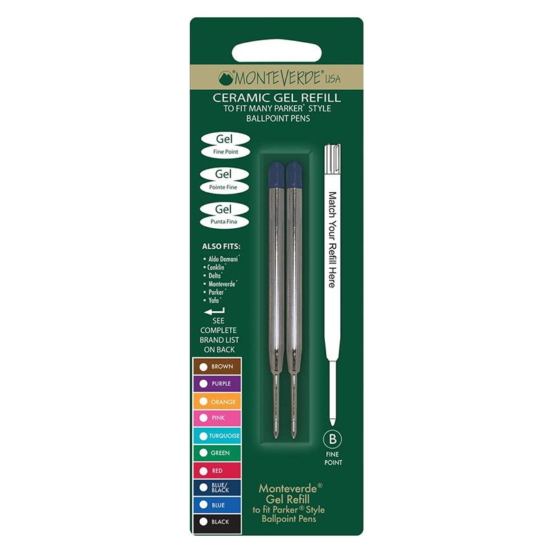 Monteverde Capless Gel Refill To Fit Parker Ballpoint Pen - Blue Broad (Pack of 2) — uncapped with cap posted