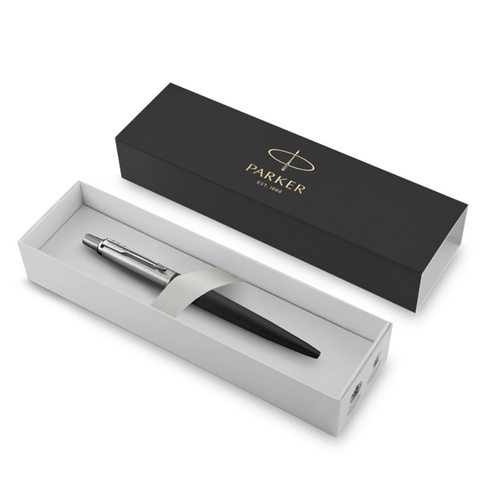 Parker Jotter Bond Street Black CT Ballpoint Pen — flat lay
