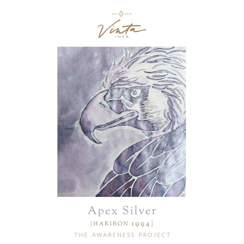 Vinta Inks 30ml Ink Bottle - The Awareness Project - Apex Silver [Haribon 1994] — bottle at angle