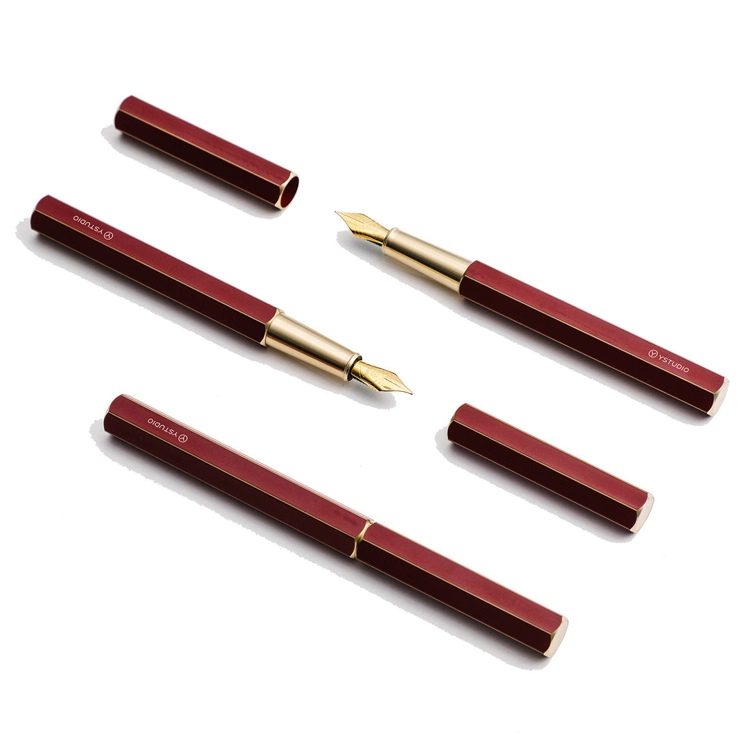 Ystudio Classic Revolve Fountain Pen Red — flat lay