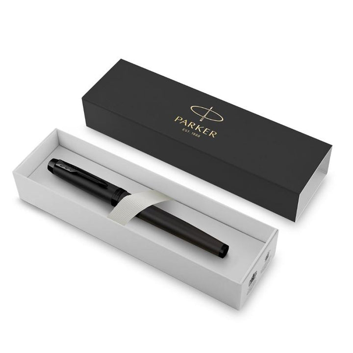 Parker IM Matte Metallic Black Edition Rollerball Pen — flat lay