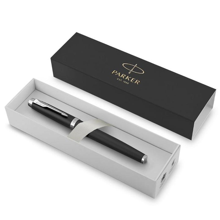 Parker IM Essential Matte Black CT Rollerball Pen — flat lay