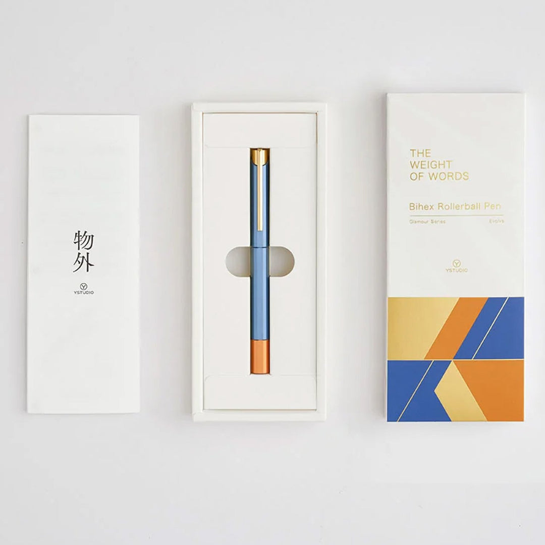 Ystudio Glamour Evolve-Bihex Rollerball Pen Blue Gin — flat lay