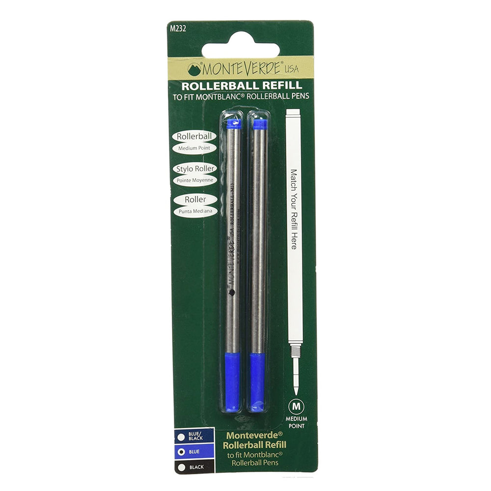 Monteverde Rollerball Refill For Montblanc LeGrand 2 Pack Blister, Medium Point Black Ink — uncapped with cap posted
