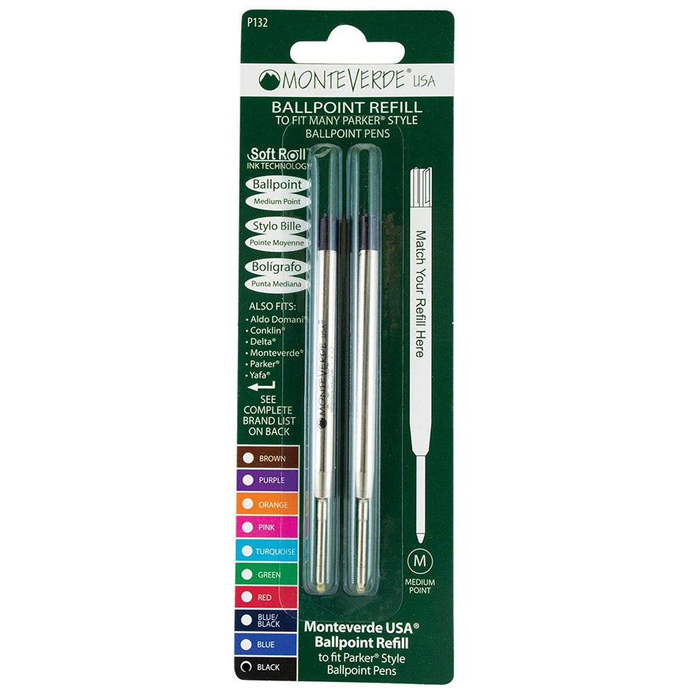 Monteverde Soft Roll Ballpoint Refill To Fit Parker Ballpoint Pen (Pack of 2) — uncapped with cap posted