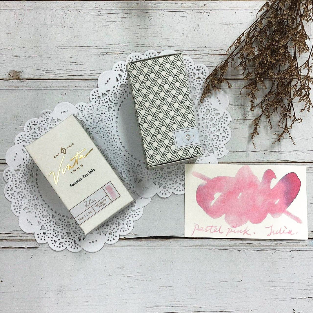 Vinta Inks 30ml Ink Bottle Pastel Pink, Shimmer (Julia 1991) — colour swatch on paper