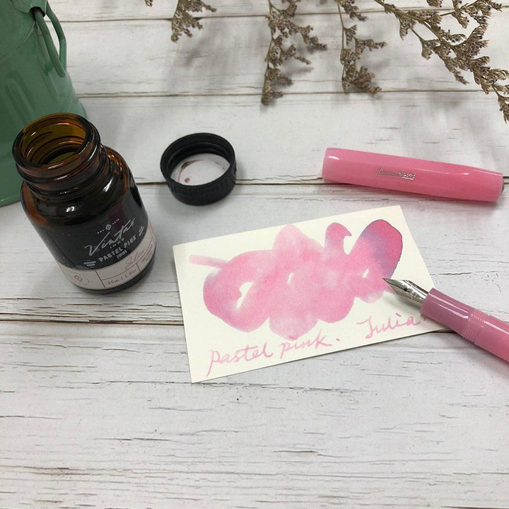 Vinta Inks 30ml Ink Bottle Pastel Pink, Shimmer (Julia 1991) — bottle at angle