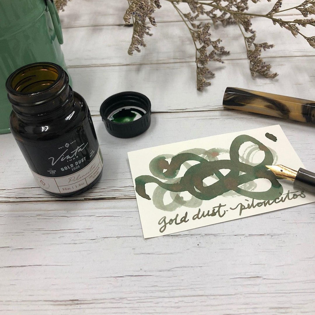 Vinta Inks 30ml Ink Bottle Gold Dust, Shimmer (Piloncitos 1521) — bottle at angle