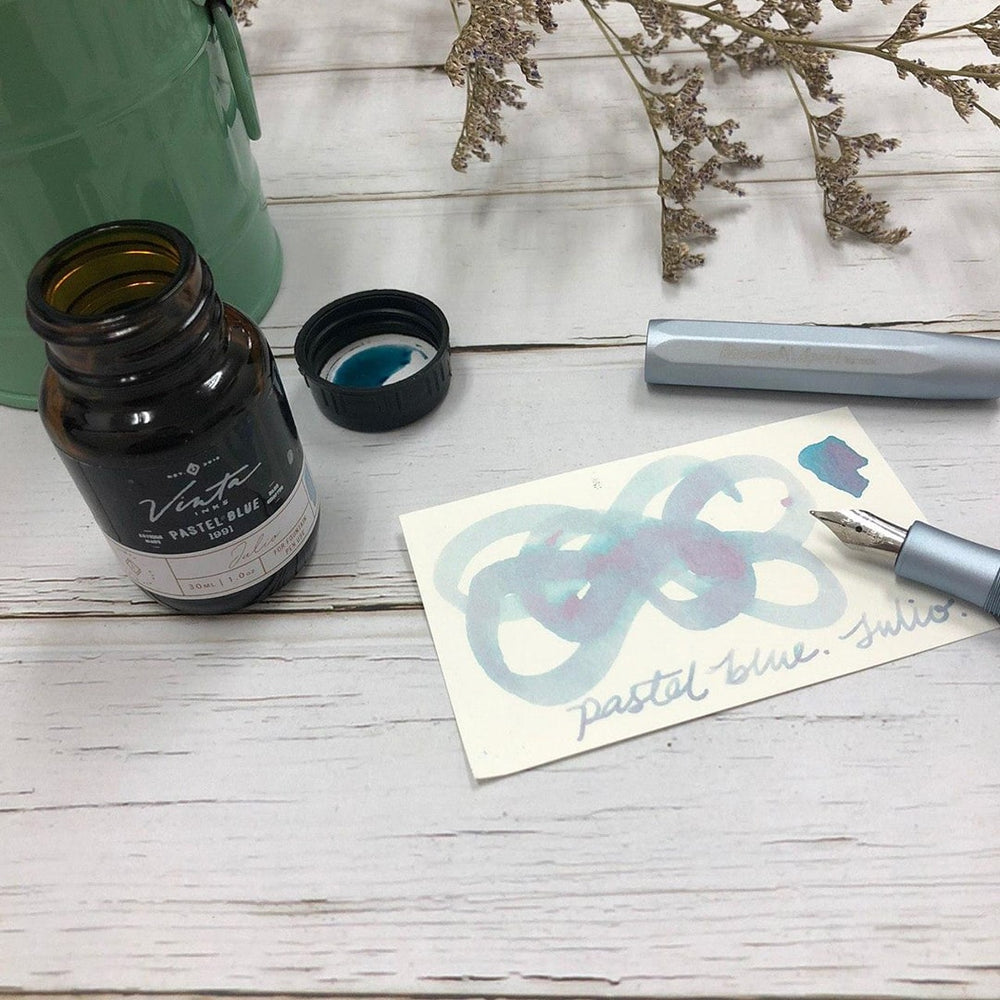 Vinta Inks 30ml Ink Bottle Pastel Blue, Shimmer (Julio 1991) — bottle at angle