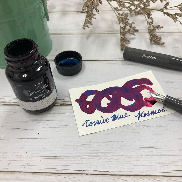 Vinta Inks 30ml Ink Bottle Cosmic Blue, Shimmer (Kosmos 1955) — bottle at angle