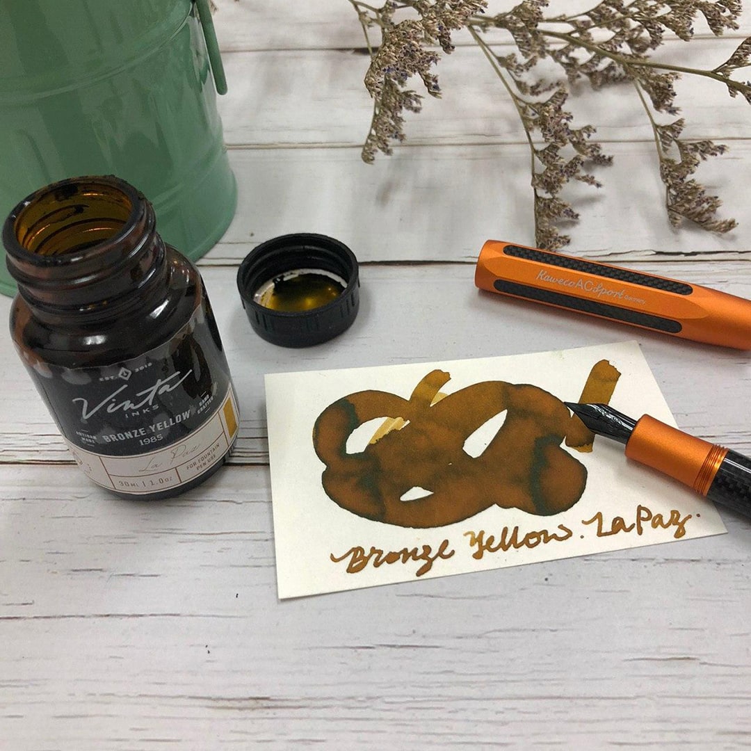 Vinta Inks 30ml Ink Bottle Bronze Yellow (La Paz 1985) — bottle at angle