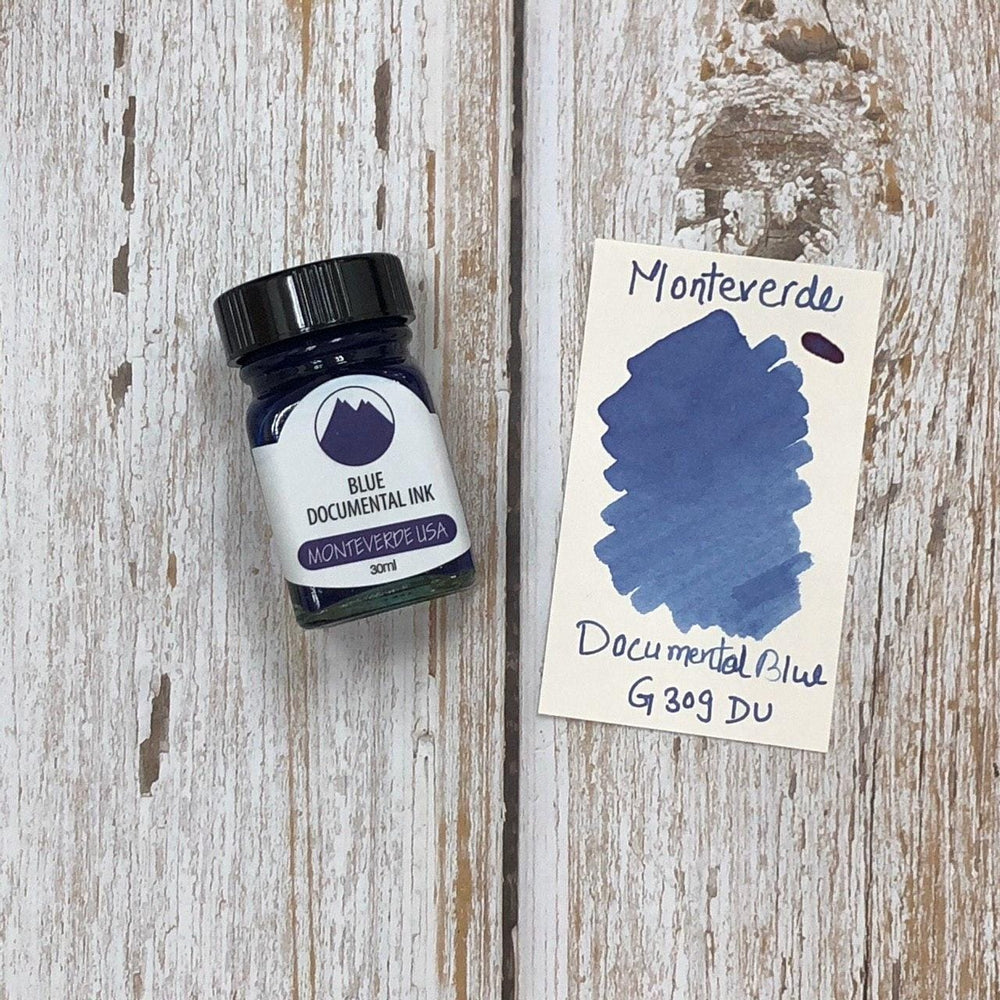 Monteverde 30ml Ink Bottle Documental Permanent Blue — bottle at angle
