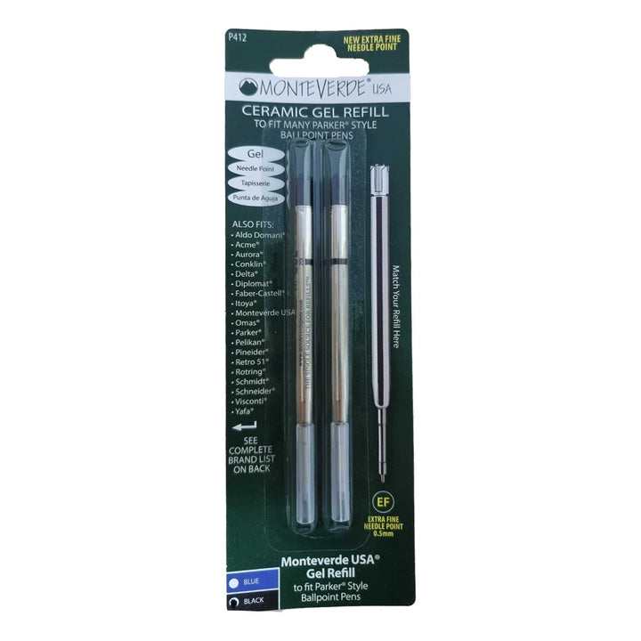 Monteverde Capless Gel Refill To Fit Parker Ballpoint Pen - Black, Extra Fine (Pack of 2) — uncapped with cap posted